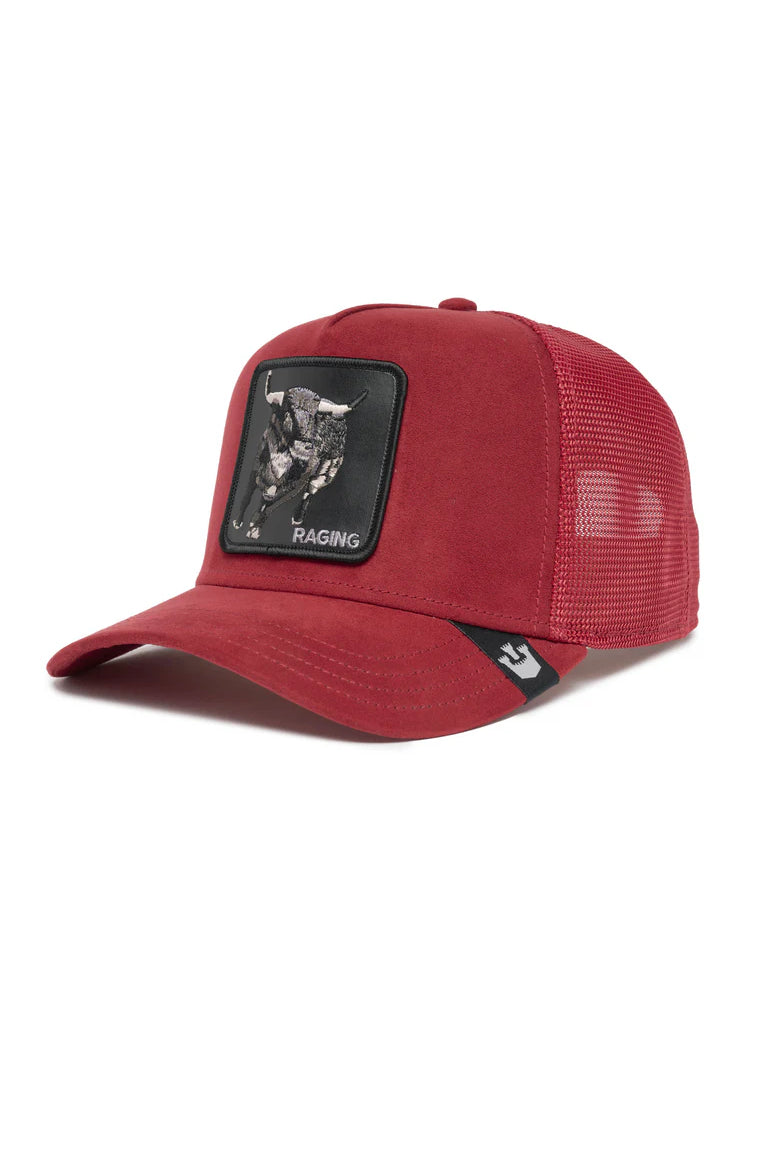 the suede bull trucker hat in burgundy front view
