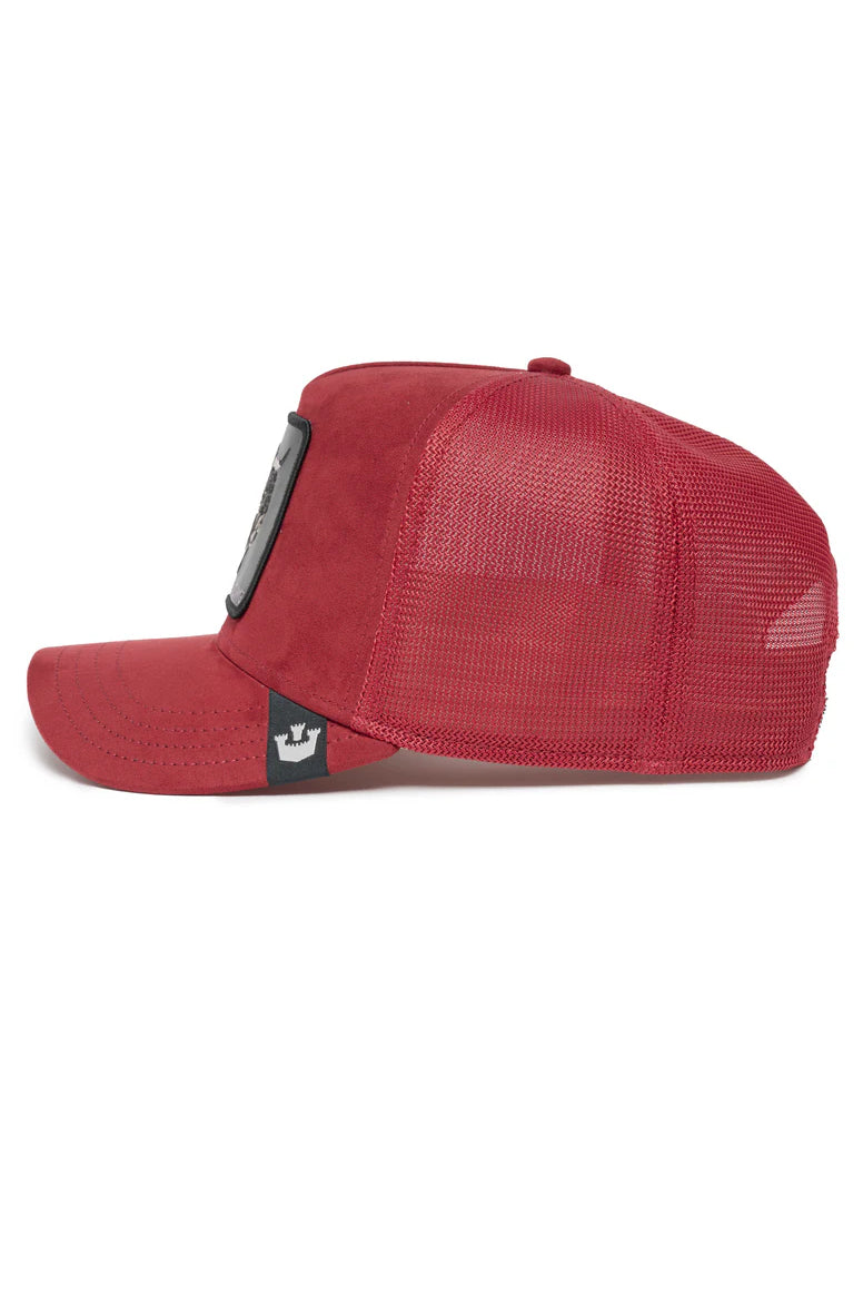 the suede bull trucker hat in burgundy side view