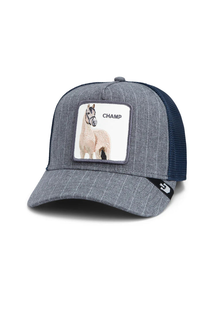 the suited champ trucker hat in navy front view