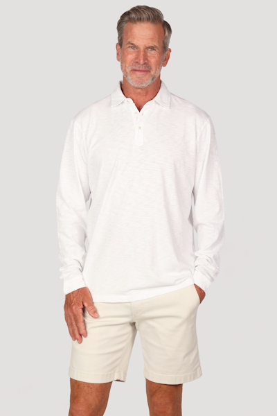 heritages slub long sleeve polo in white front view