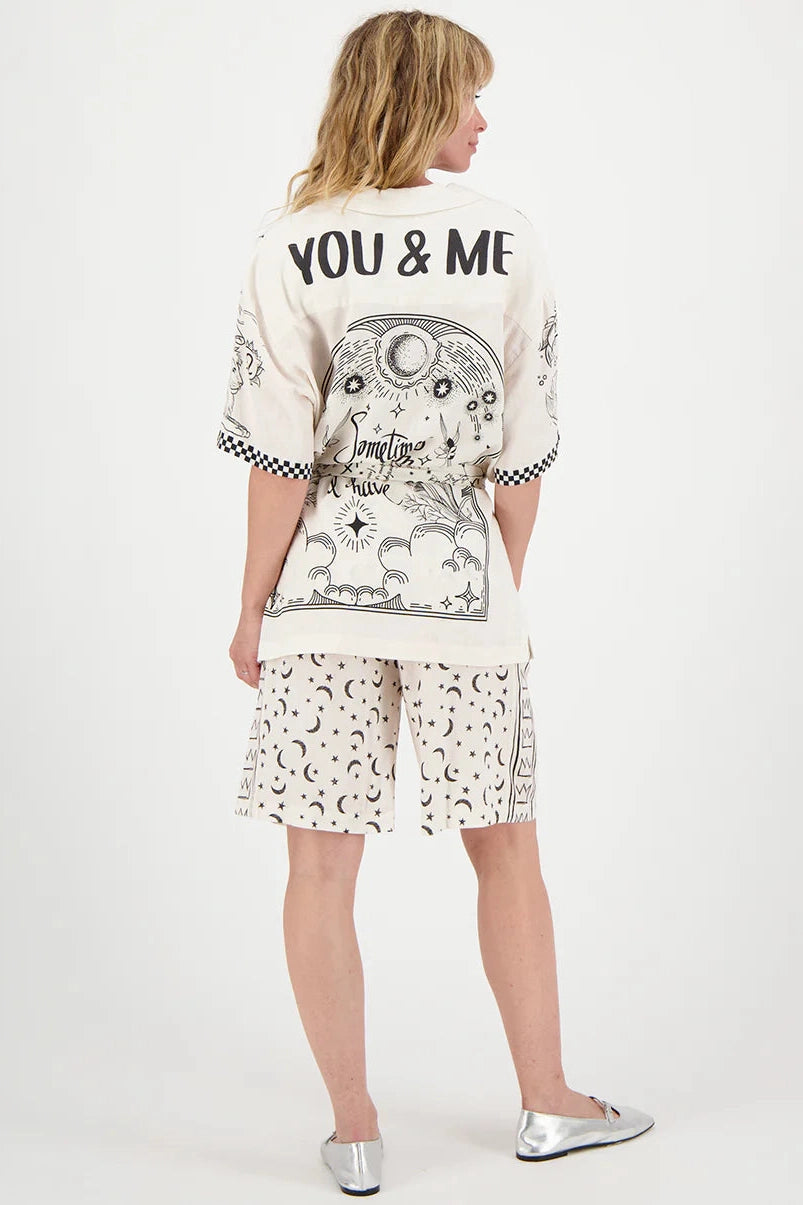 Belted tunic back with zodiac graphic, 'YOU & ME' text, light base with dark print