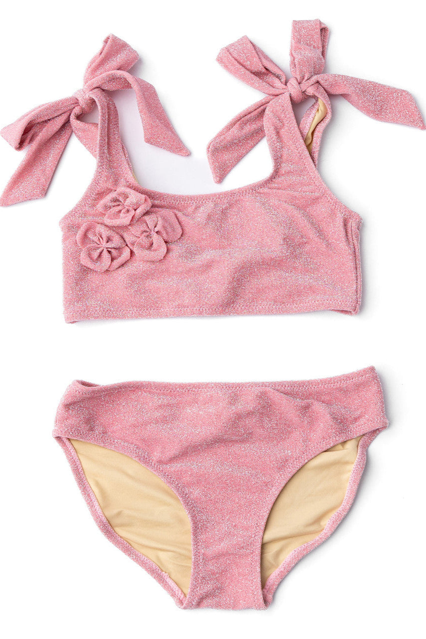 Shimmer flower 2pc swimsuit flat front view