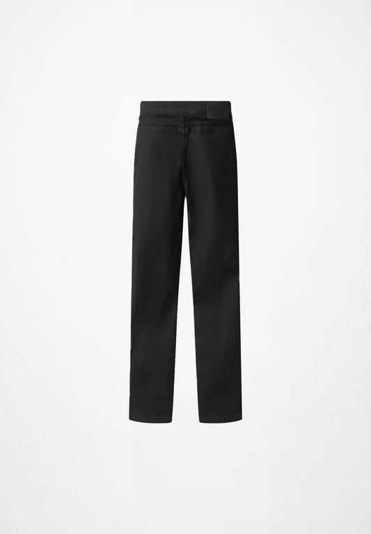 Black leggings, full-length straight leg with elastic waistband and front seam detail