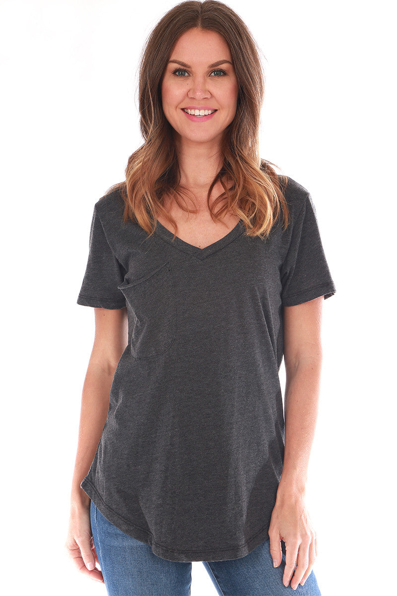 V-Neck Slouch Pocket Tee  in black front view