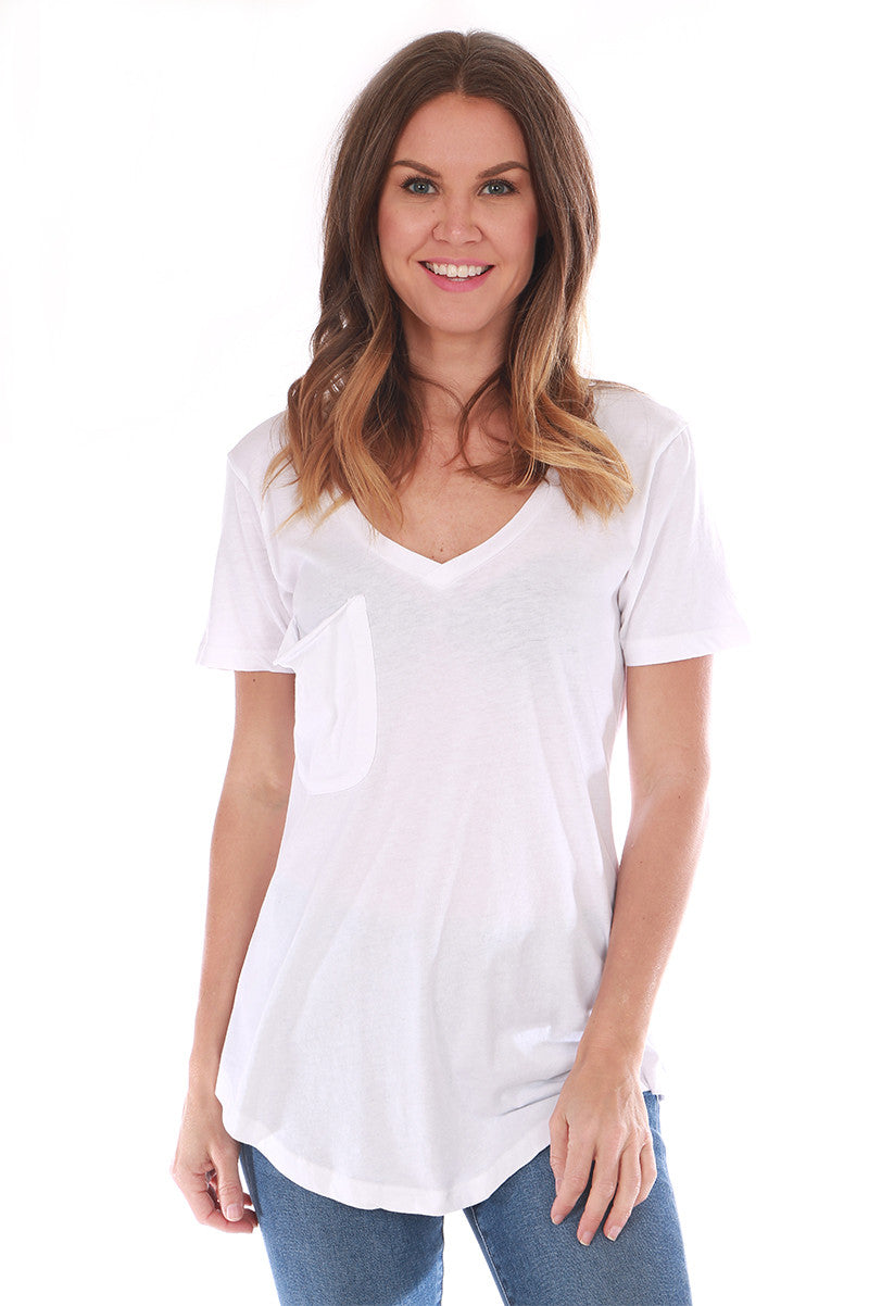 V neck slouch pocket tee in white front view