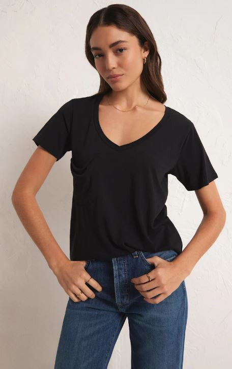 V neck slouch pocket tee in jet black front view