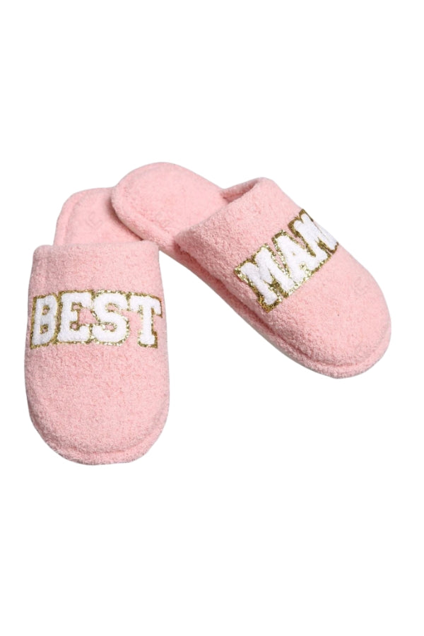 Pink "BEST" sequin slide slippers, side view with glitter trim