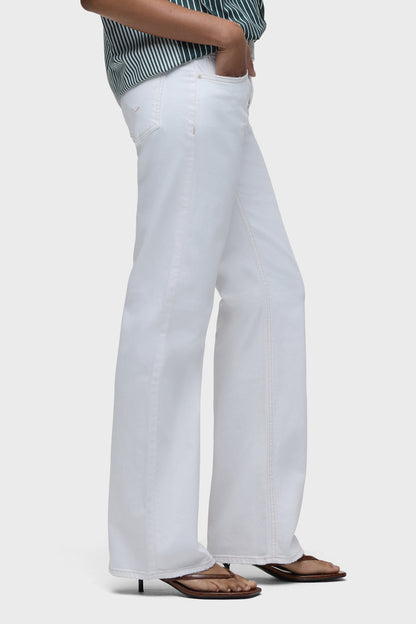 White low-rise loose straight pants with side seam detail and relaxed wide leg