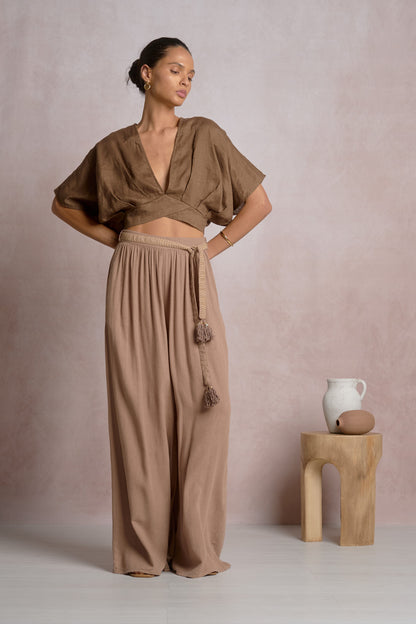 Brown open-back tie crop top with draped V-front and cropped hem