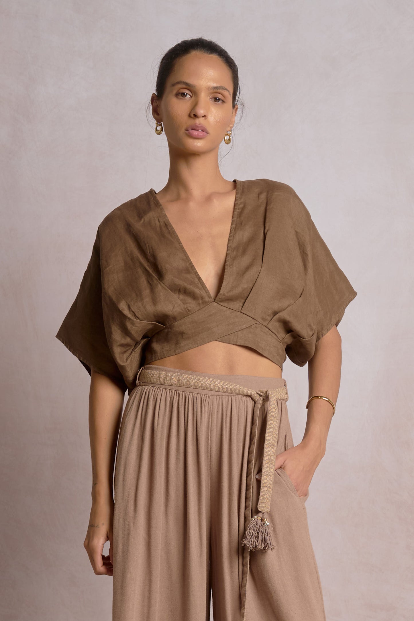 Brown open-back tie crop top, V-neck front, short sleeves