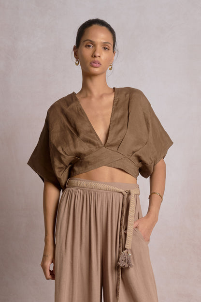 Brown open-back tie crop top, V-neck front, short sleeves