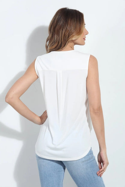 Ivory cupro surplice sleeveless top, back view with central pleat and drape