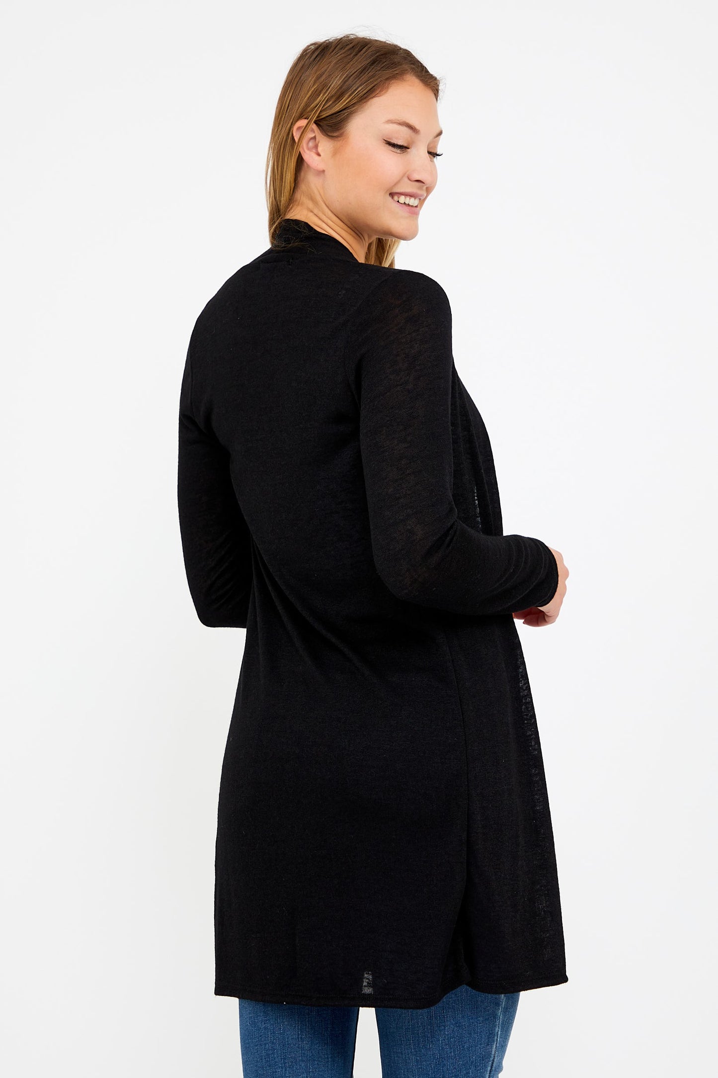 Slub light sweater open cardigan in black back view