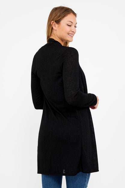 Slub light sweater open cardigan in black back view