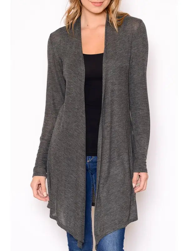 Slub light sweater open cardigan in charcoal front view