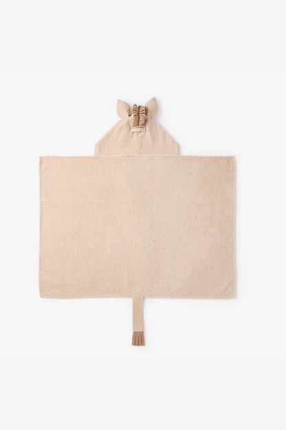Hooded bath wrap with puppy hood, beige terry and animal-ear detailing