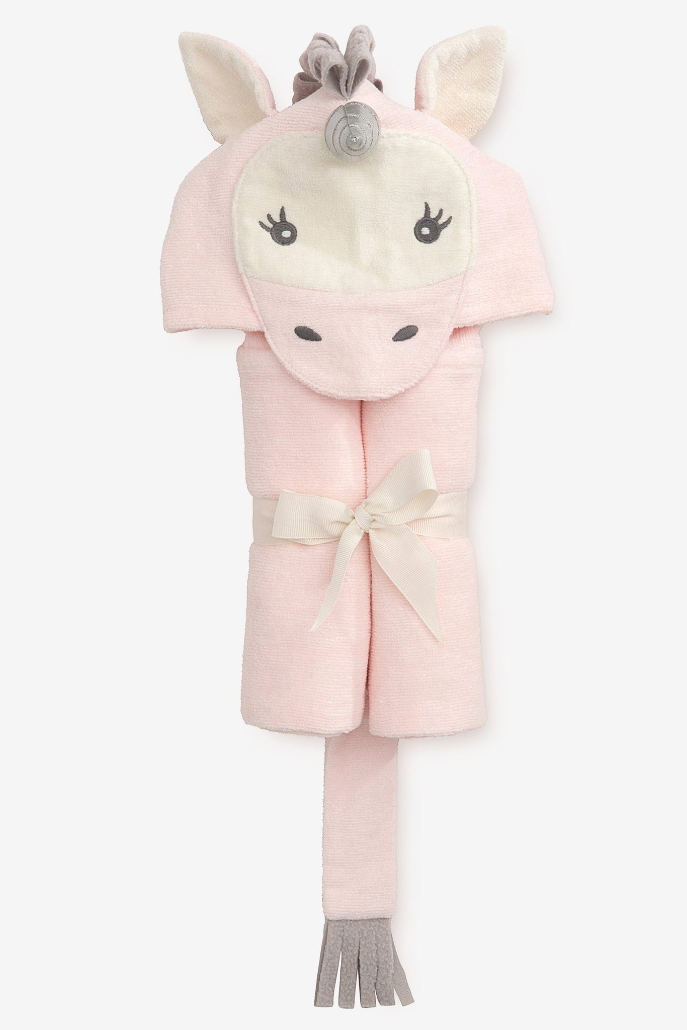 Hooded bath wrap with unicorn face hood, pink fabric, front bow and tail