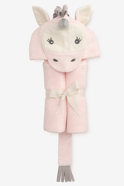 Hooded bath wrap with unicorn face hood, pink fabric, front bow and tail