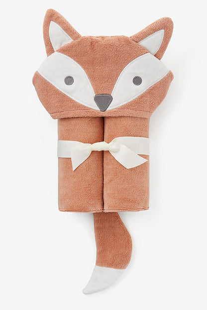 Hooded bath wrap with fox face hood, white belly and bow tie