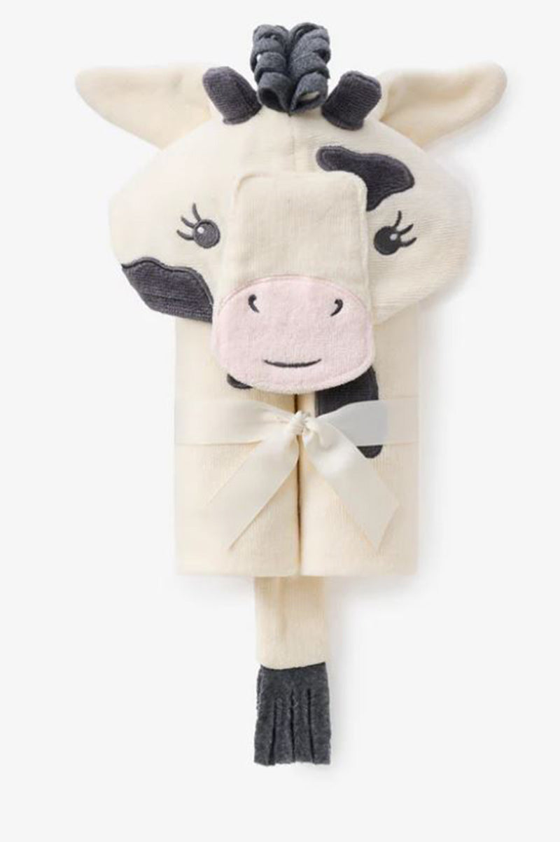 Hooded bath wrap with cow hood, cream terry with horn and muzzle applique