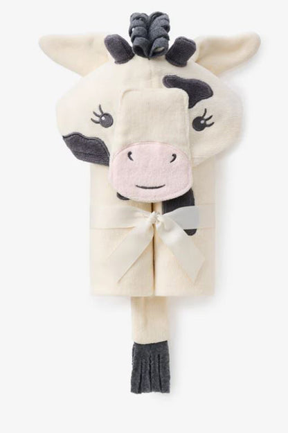 Hooded bath wrap with cow hood, cream terry with horn and muzzle applique