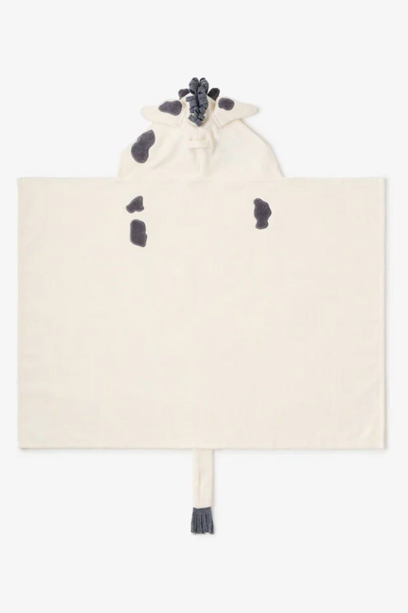 Hooded bath wrap with pony hood, cream terry with dark mane and small patch motifs