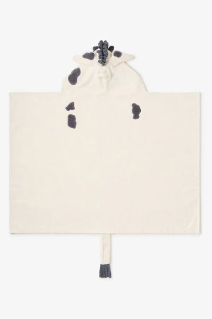 Hooded bath wrap with pony hood, cream terry with dark mane and small patch motifs