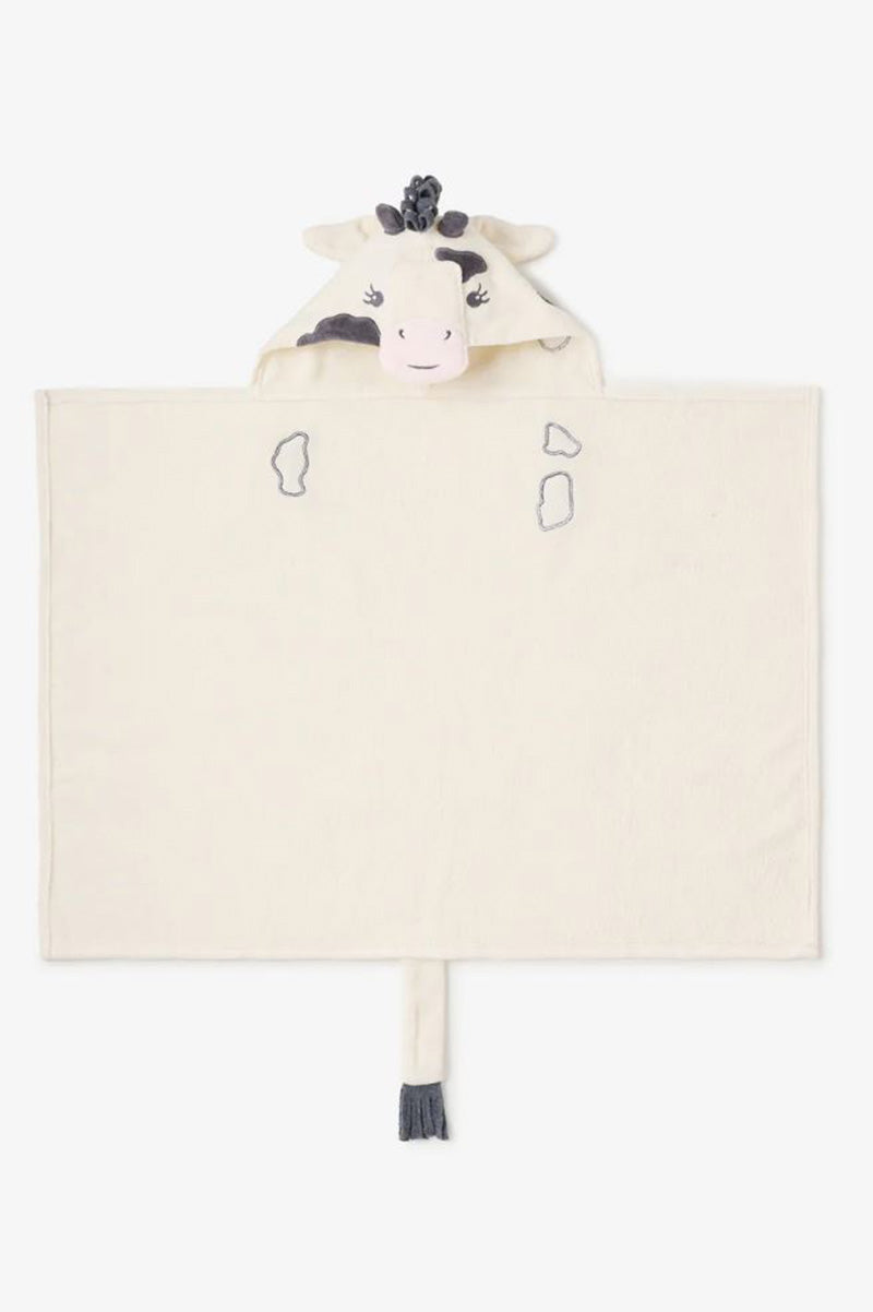 Hooded bath wrap with rooster hood, cream terry with dark comb and beak face