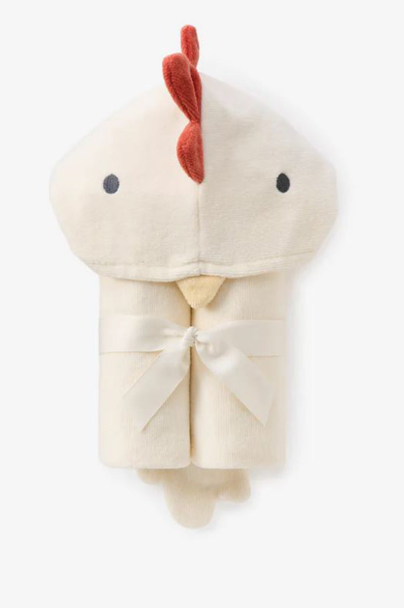Hooded bath wrap with pony hood, cream terry with red ear/mane applique and bow