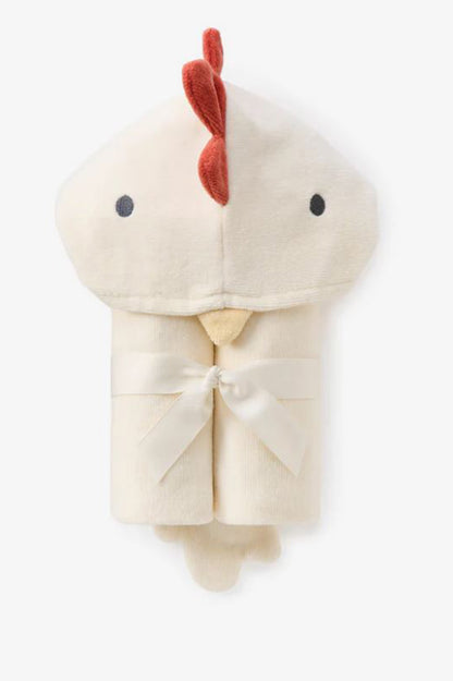 Hooded bath wrap with pony hood, cream terry with red ear/mane applique and bow