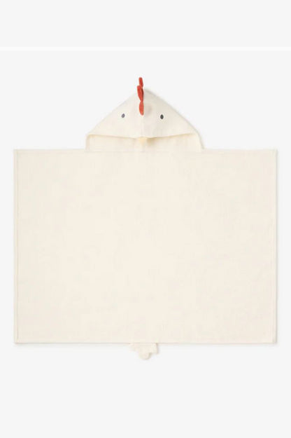 Hooded bath wrap with rooster hood, cream terry with red comb and small face details