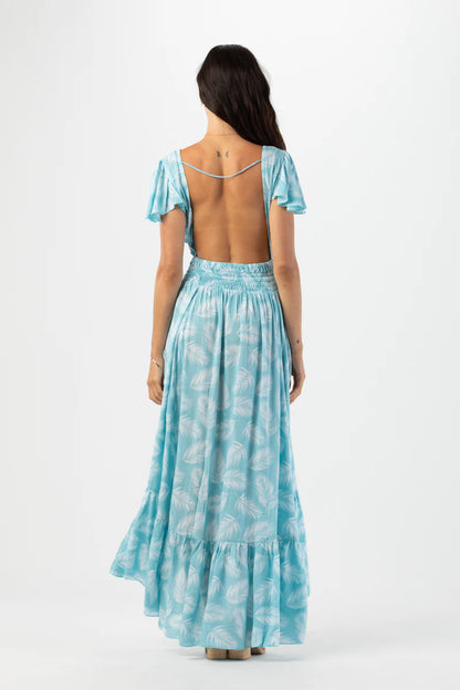New moon maxi dress in palm dusty blue back view
