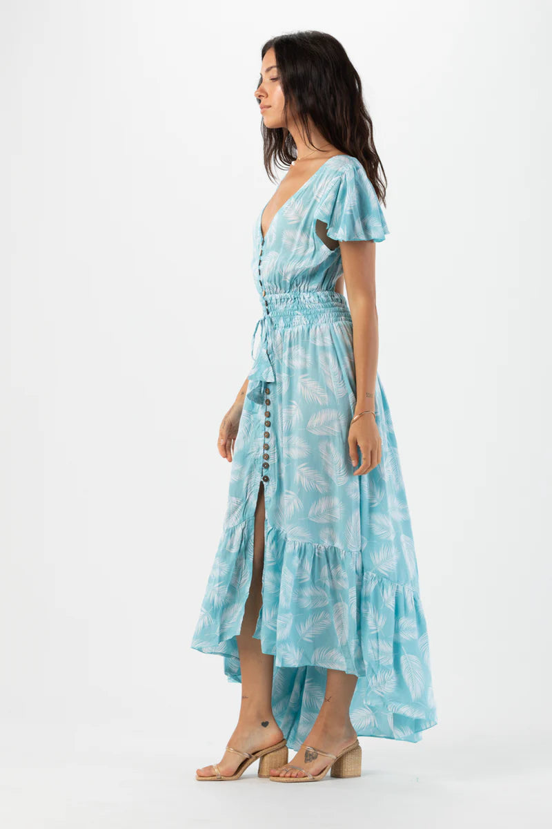 New moon maxi dress in palm dusty blue side view