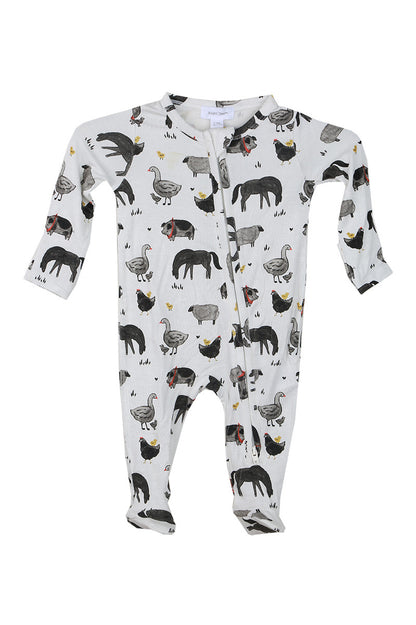 printed zipper footie in animal friends white