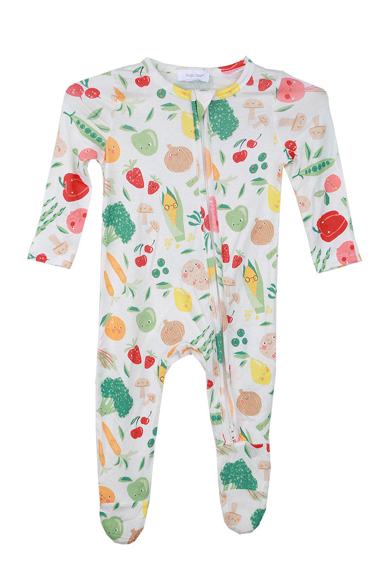 Printed zipper footie in veggie life white