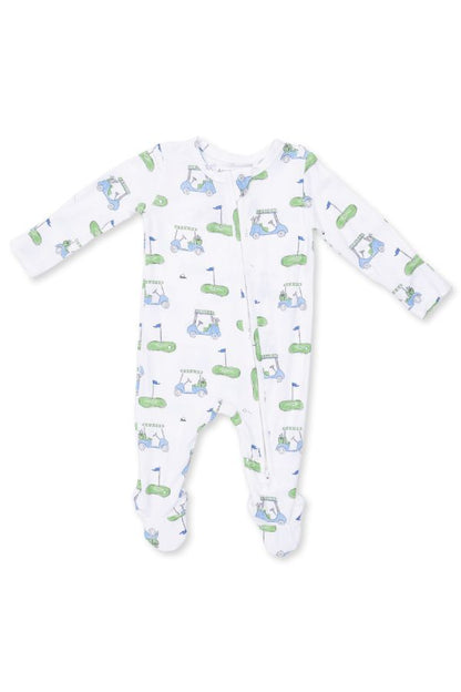A baby long-sleeve footed sleeper in white, featuring an all-over golf cart and club pattern in light blue and green, displayed on a clean white background.
