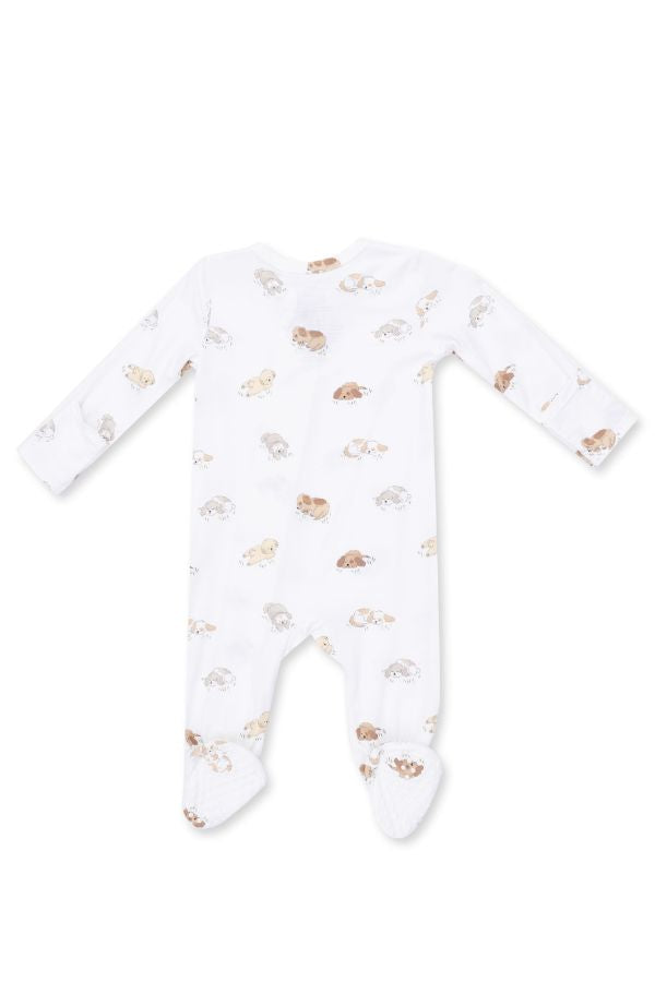A white long-sleeve footed sleeper with a delicate pattern of small brown and gray puppies in Snuggle Puppy Club print laid flat on a white background.
