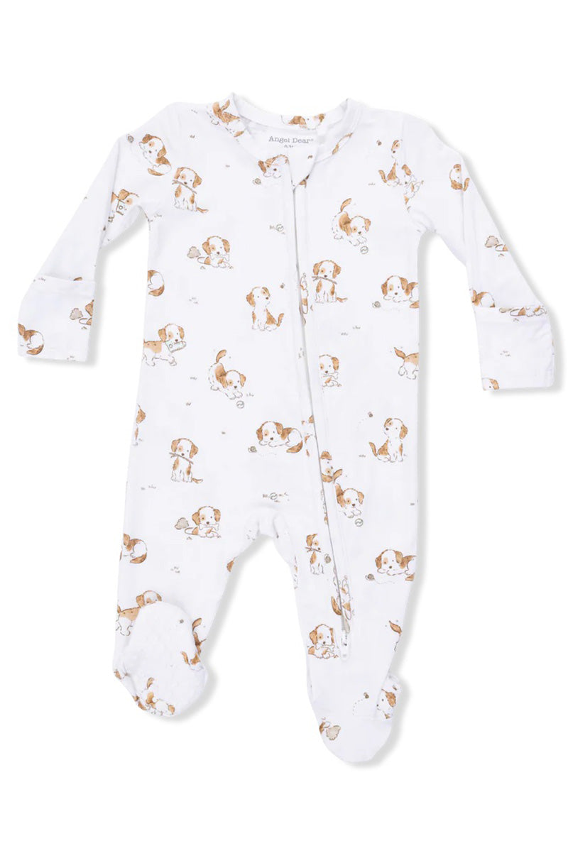 PRINTED ZIPPER FOOTIE, weiß mit braunen Tierillustrationen, durchgehender Reißverschluss