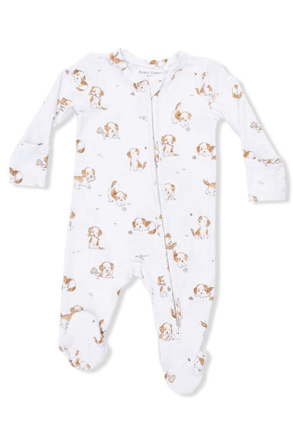 PRINTED ZIPPER FOOTIE, weiß mit braunen Tierillustrationen, durchgehender Reißverschluss