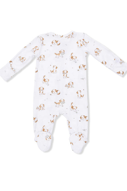 PRINTED ZIPPER FOOTIE auf weiß mit kleinen Tierfiguren, langer Ärmel, Zip vorne