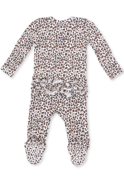 A baby long-sleeve footed one-piece romper in a brown and white leopard print pattern, featuring a ruffled elastic waistband.