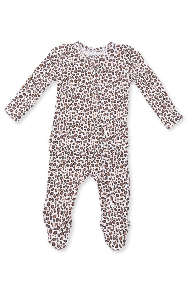 A baby footed sleeper with long sleeves and an all-over brown and black leopard print on a white background, laid flat against a white backdrop.