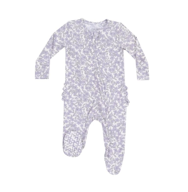 Ruffle back zipper front forget me floral purple front view