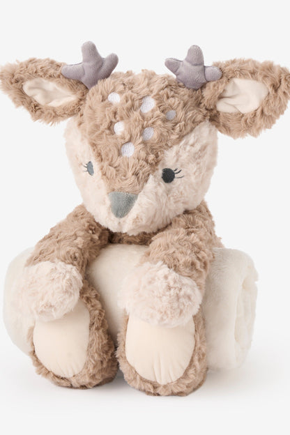 Plush fawn deer bedtime huggie with brown fur and white accents on a white background