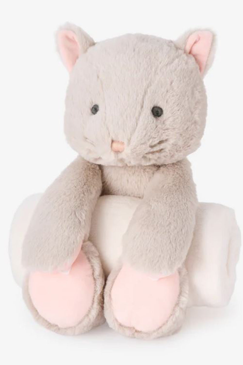 Light plush kitty toy with round ears, dot eyes, and pink inner paws