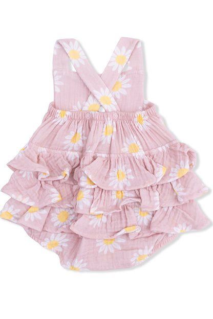 Pink daisy ruffle sunsuit with V-neck straps and tiered flutter hem