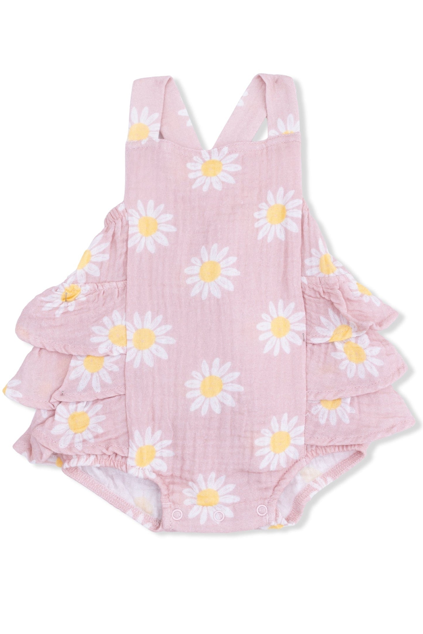 Pink daisy ruffle sunsuit with V-neck straps and tiered ruffle hem