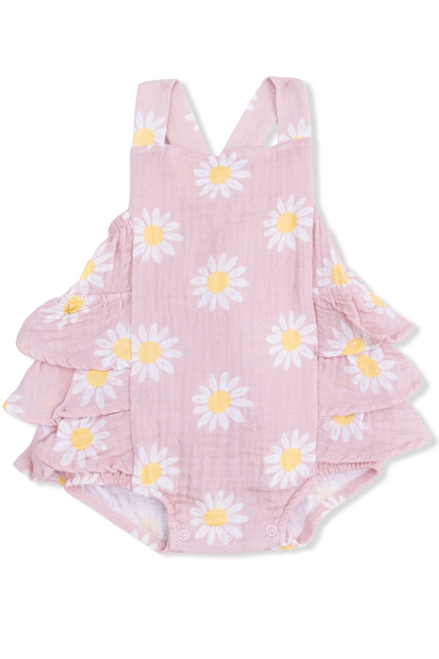 Pink daisy ruffle sunsuit with V-neck straps and tiered ruffle hem