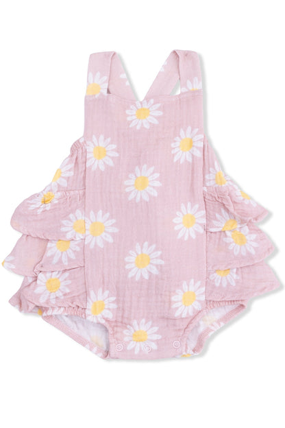 Pink daisy ruffle sunsuit with V-neck straps and tiered ruffle hem