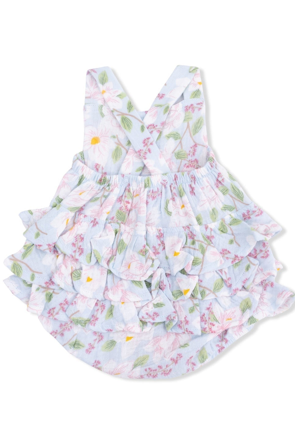 Floral ruffle sunsuit with V-neck straps and tiered skirt romper, pastel